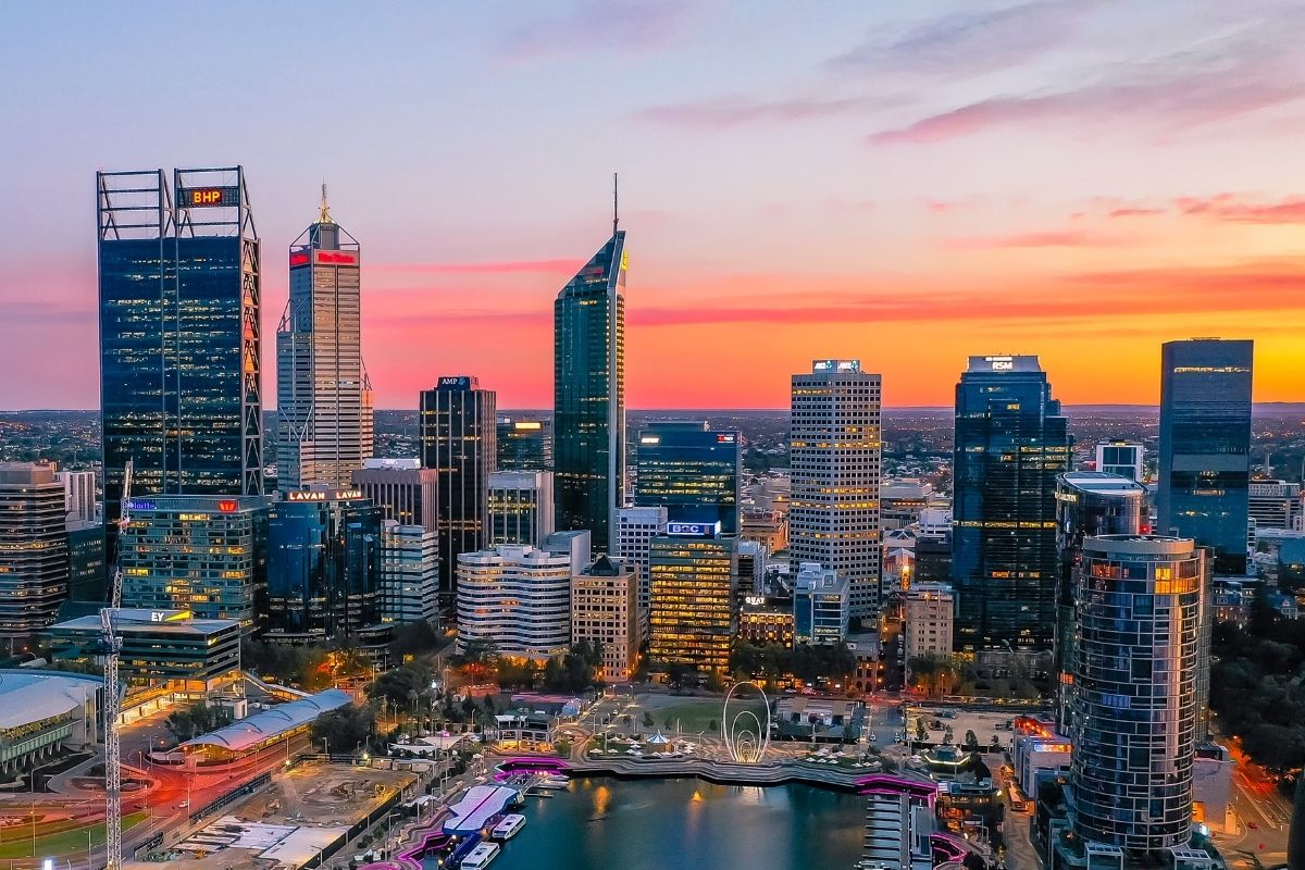Perth city skyline at sunset overlooking Elizabeth Quay