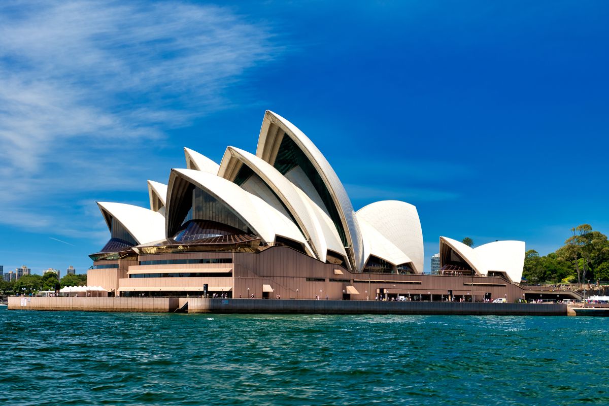 Sydney Opera House viewed from the water under a clear blue sky