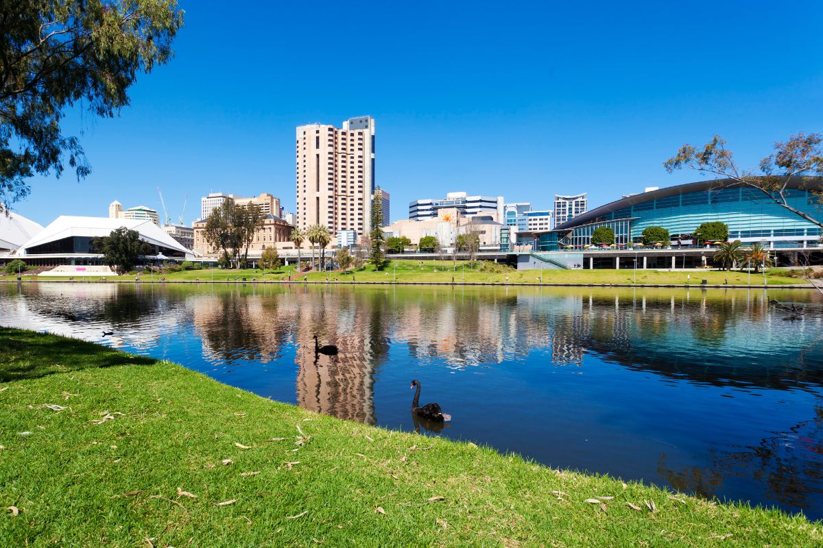 Adelaide city skyline by the River Torrens with the Convention Centre on a clear day