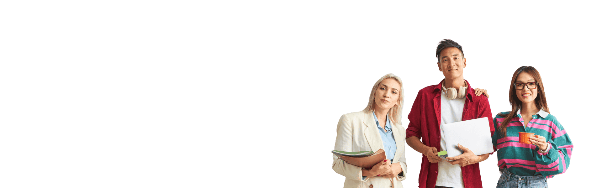 Three professionals standing together with laptop, folders, and coffee cup.