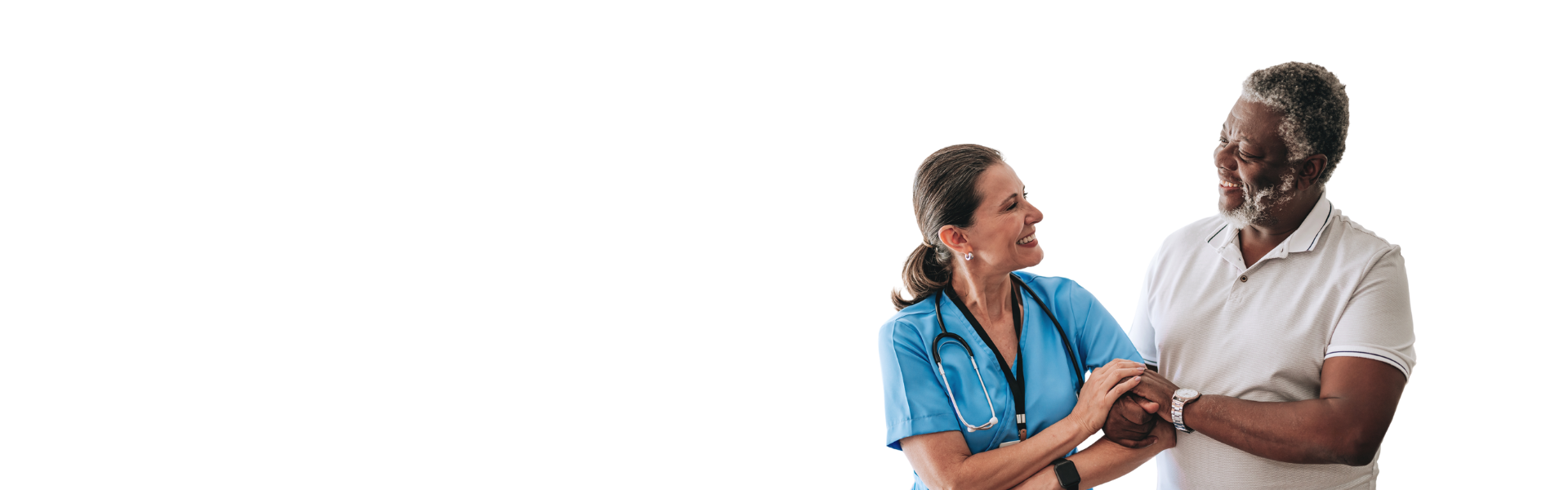 Healthcare professional smiling with patient in supportive interaction.