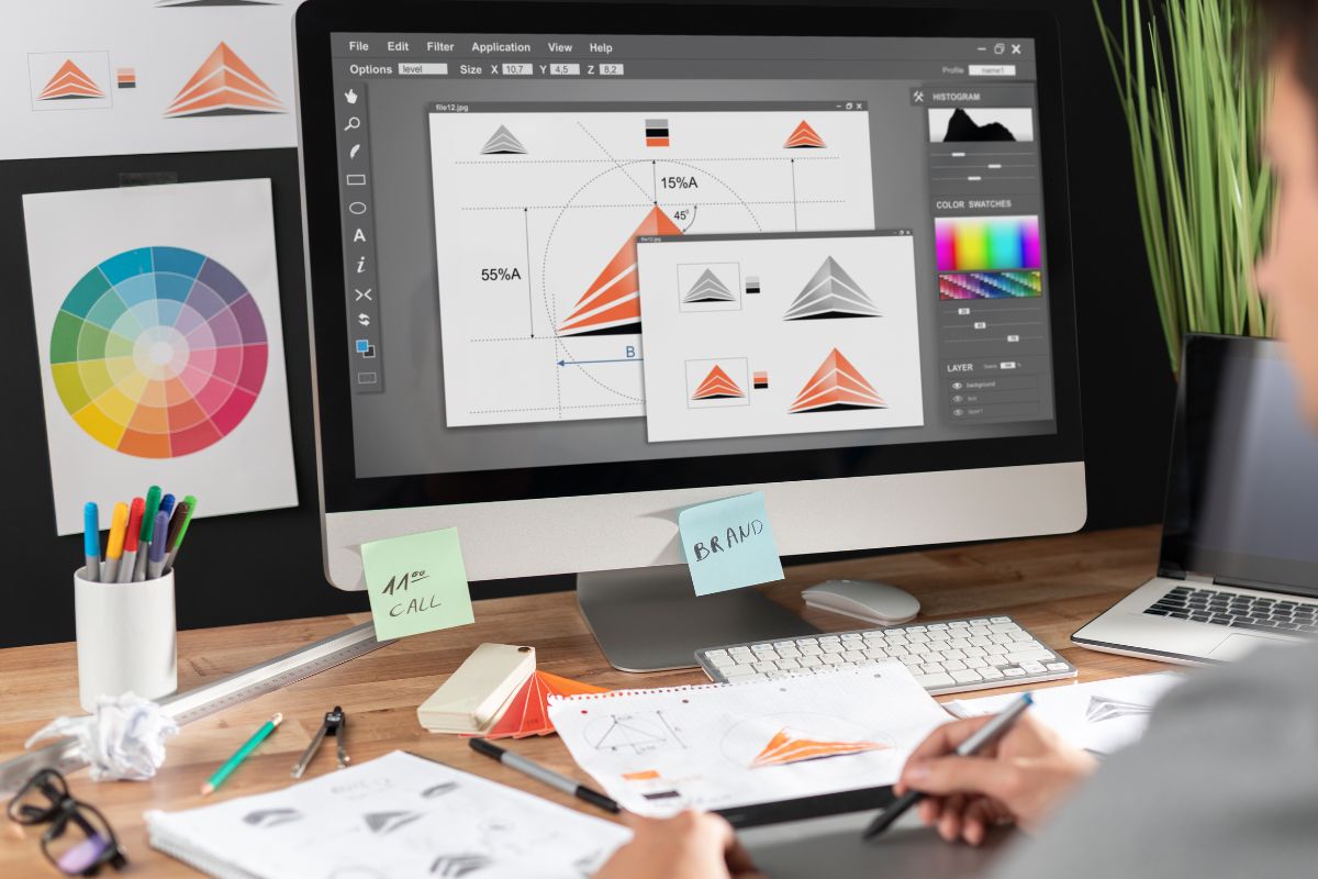 A person is sitting at a desk with a computer monitor and various graphic design tools